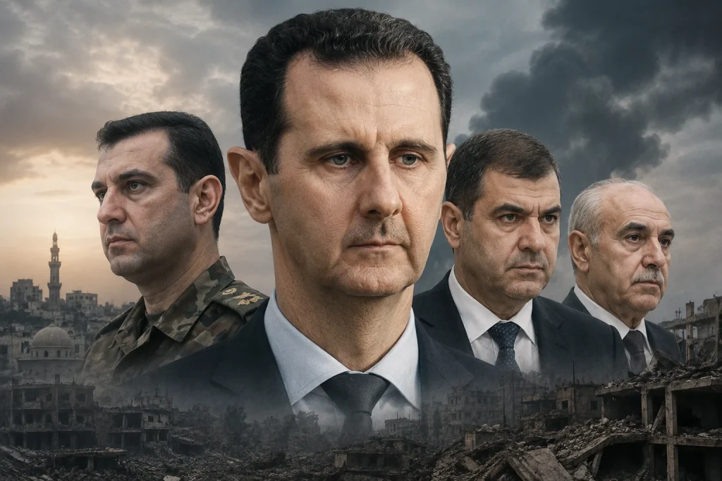 Siria, le condanne contro il clan Assad: cosa sta accadendo dopo la caduta del regime Bashar al-Assad e figure dell’ex regime siriano sullo sfondo di una città distrutta dalla guerra
