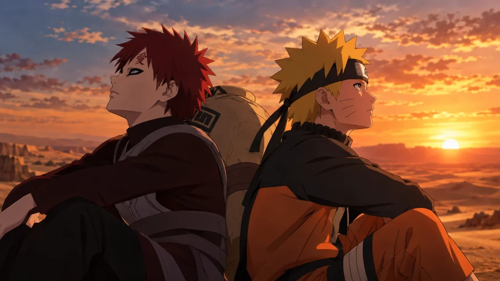 Gaara e Naruto nel deserto al tramonto, protagonisti dell’anime Naruto