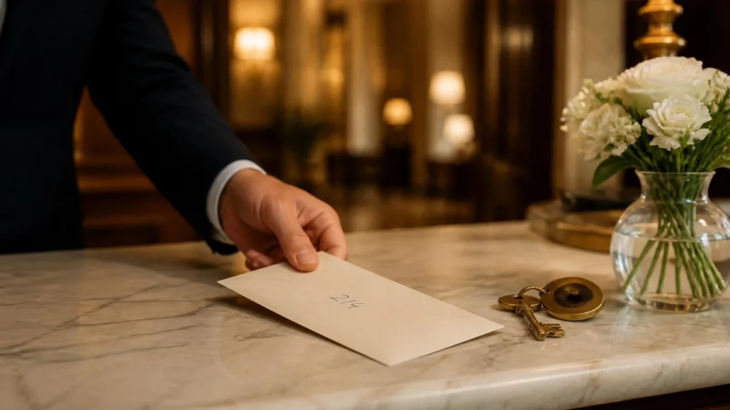 Una mano fa scivolare sul banco del ricevimento di un hotel di lusso una piccola busta con il numero della camera scritto a mano
